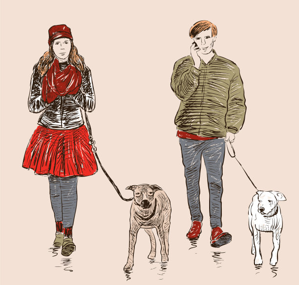 年轻人带着他们的宠物散步图片下载