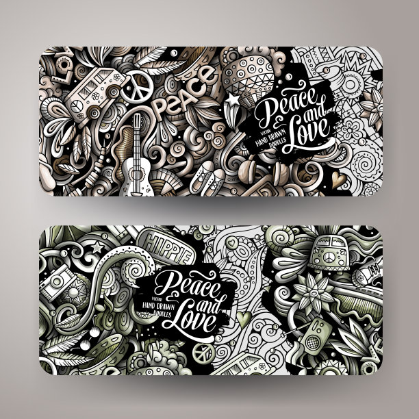 嬉皮士手绘涂鸦横幅设置卡通图片下载