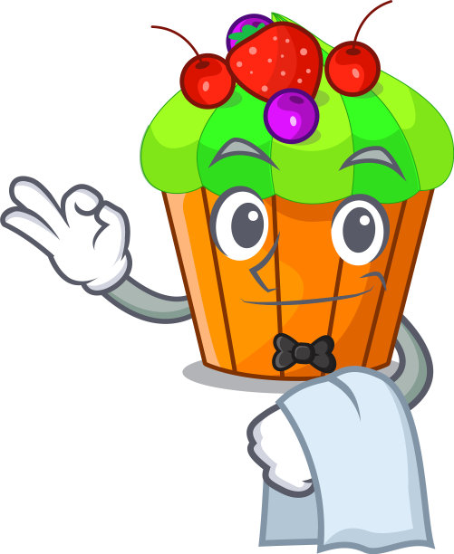 服务生把黑醋栗纸杯蛋糕隔离在吉祥物上图片下载