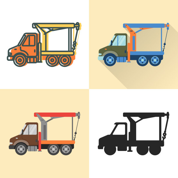 悬臂起重机卡车图标设置在平面和线条风格图片下载