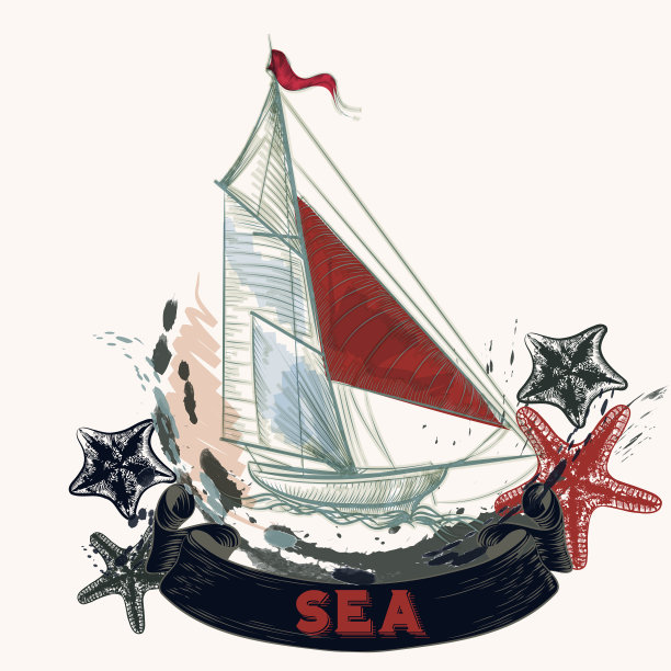海背景与船雕刻风格图片下载