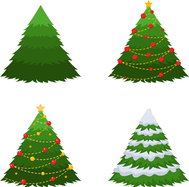 一套四棵冷杉，一棵绿冷杉，一棵雪中的冷杉图片下载