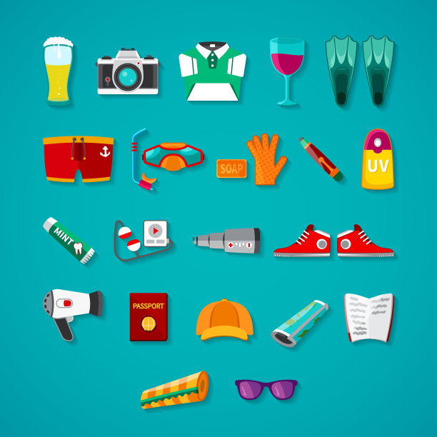 旅游安培旅游图标对象设置在平坦的风格图片下载