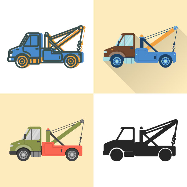 拖车图标设置在平坦和线条风格图片下载