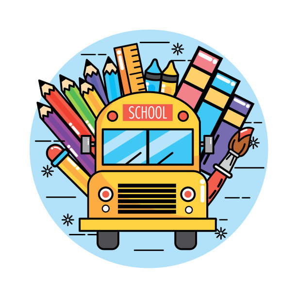 校车用铅笔、颜色和尺子图片下载