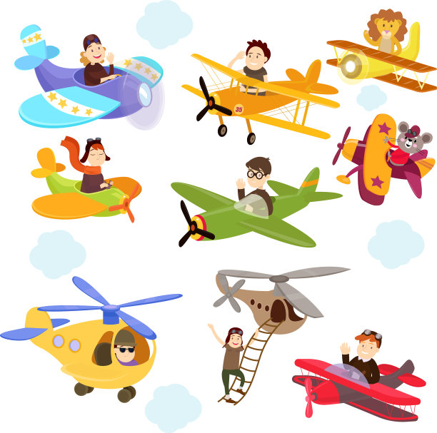 一组有趣的卡通飞机和可爱的飞行员素材图片