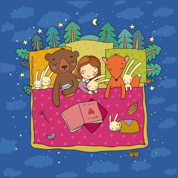 卡通女孩睡在床上婴儿和玩具图片下载