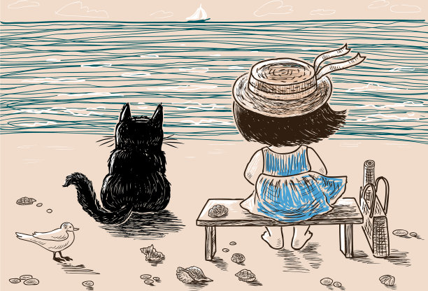 一个小女孩和她的猫在草地上休息图片下载