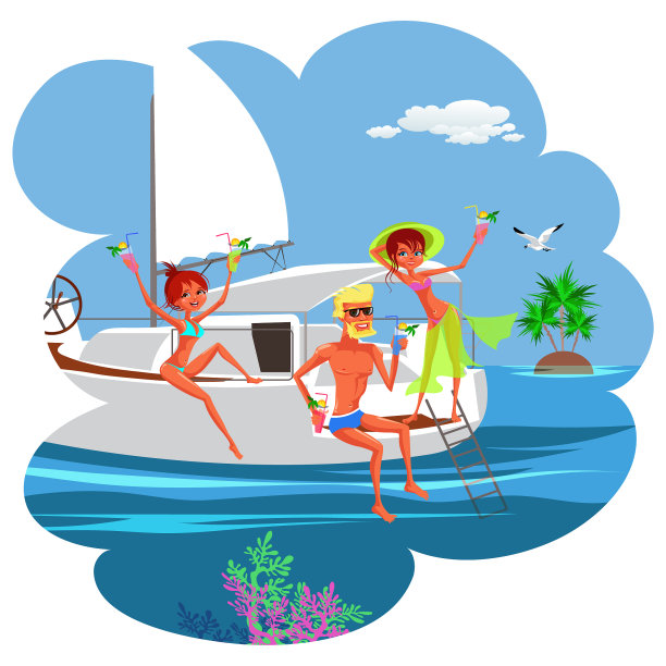 卡通有趣的游艇派对与朋友在海洋图片下载