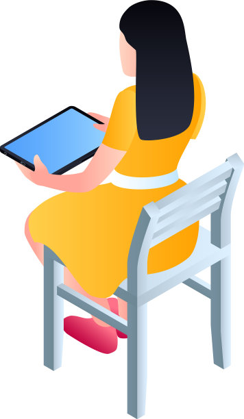 女孩坐在椅子上与平板电脑图标等距图片下载
