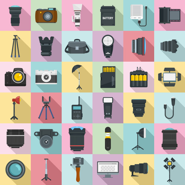 摄影师设备图标设置平面风格图片下载