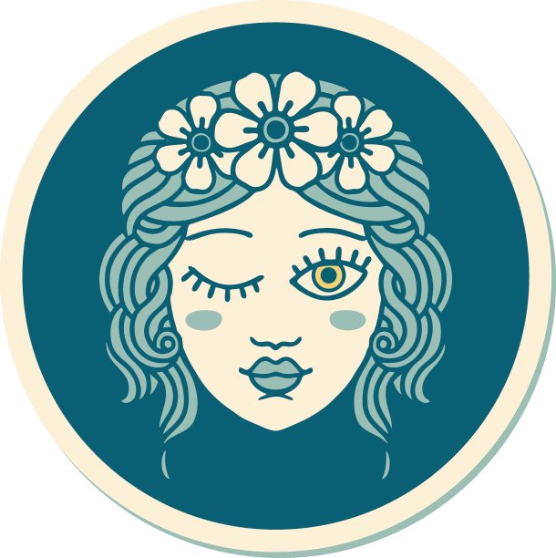 纹身风格贴纸的一个少女的脸眨眼图片下载