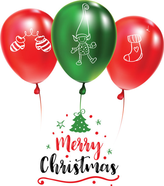 圣诞贺卡和绿色和红色的气球图片下载