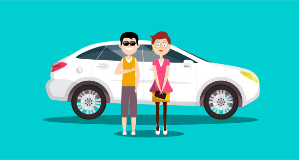 夫妇-男人和女人与白色汽车平面设计图片下载