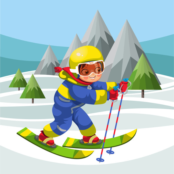 卡通小男孩在雪山上滑雪图片下载