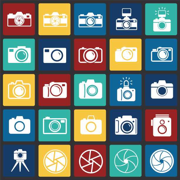 照片相机图标设置在彩色方块背景上图片下载