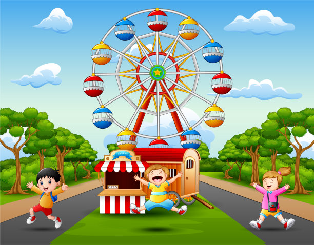 快乐的孩子们在游乐园里蹦蹦跳跳，放声大笑图片下载