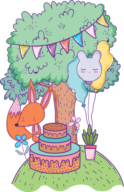 狐狸与蛋糕和气球氦气在风景图片下载