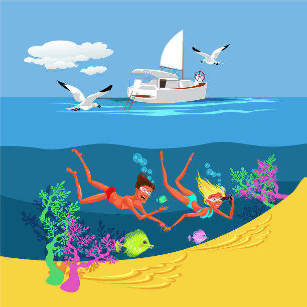卡通可爱的夫妇在夏天的海里游泳图片下载
