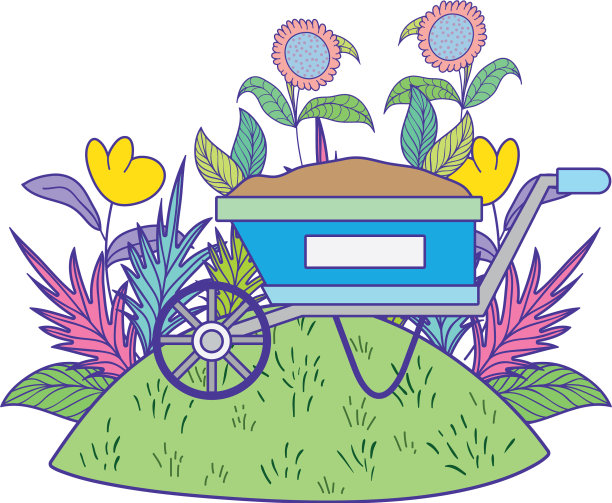 可爱的手推车花园与鲜花花园图片下载
