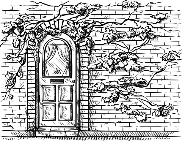 手绘旧木门，用砖砌成图片下载