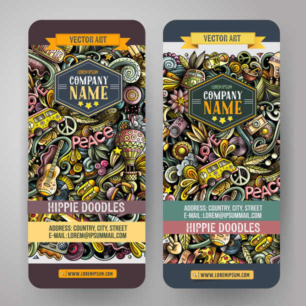 嬉皮士手绘涂鸦横幅设置卡通图片下载