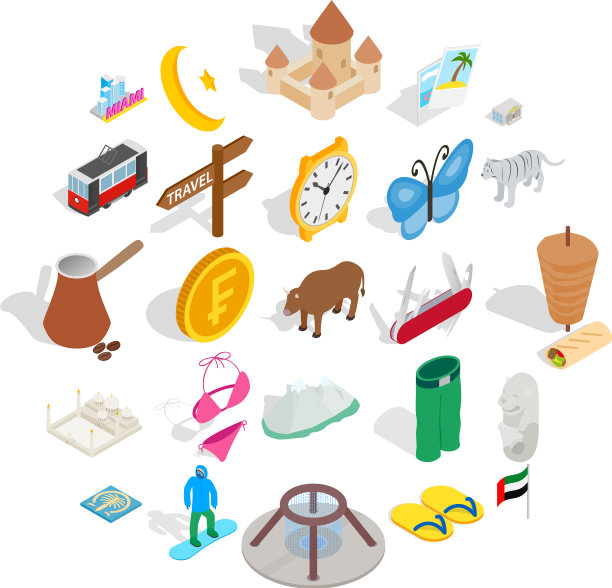 放松在欧洲图标设置等距风格图片下载