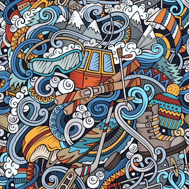 冬季运动手绘涂鸦无缝图案图片下载