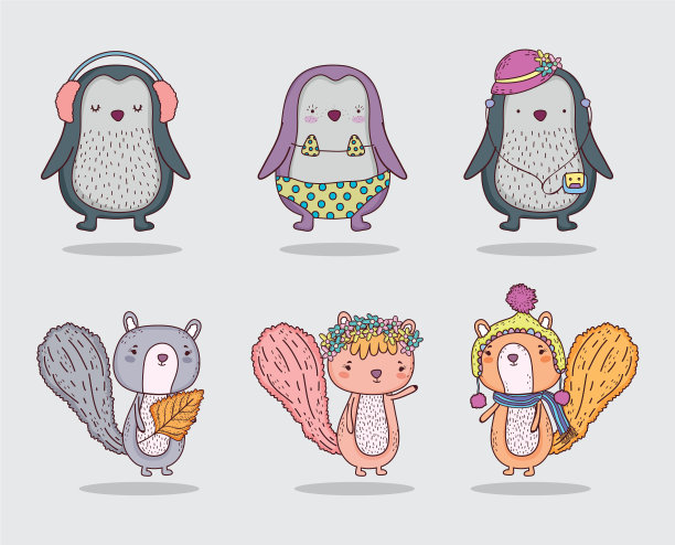 企鹅和松鼠可爱的动物戴上帽子图片下载