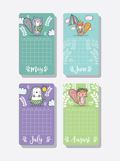 日历信息与可爱的动物和云图片下载