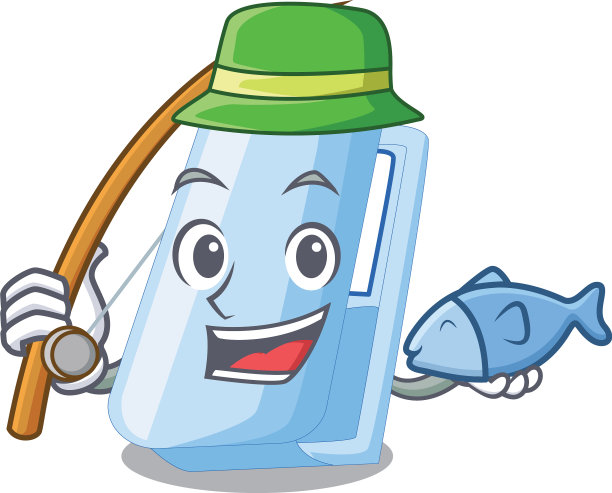 在木桌上方钓鱼的卡通订书机图片下载