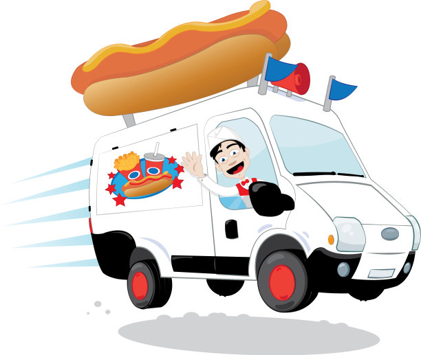 有趣的热狗车由一个友好的人驾驶图片下载