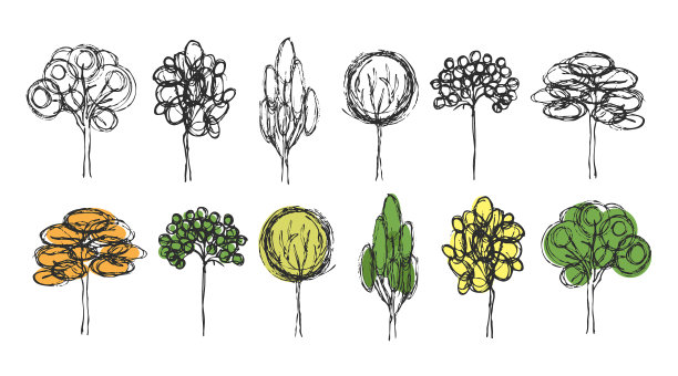 一组手绘树在白色的背景图片下载