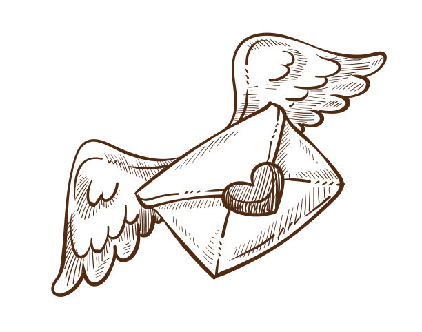 情书心形印章和翅膀素描图片下载