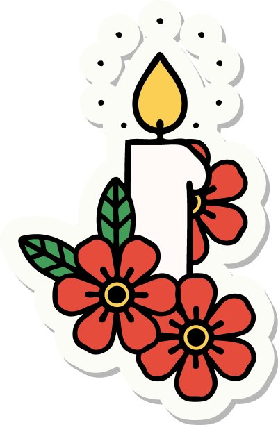 纹身风格贴纸的蜡烛和鲜花图片下载
