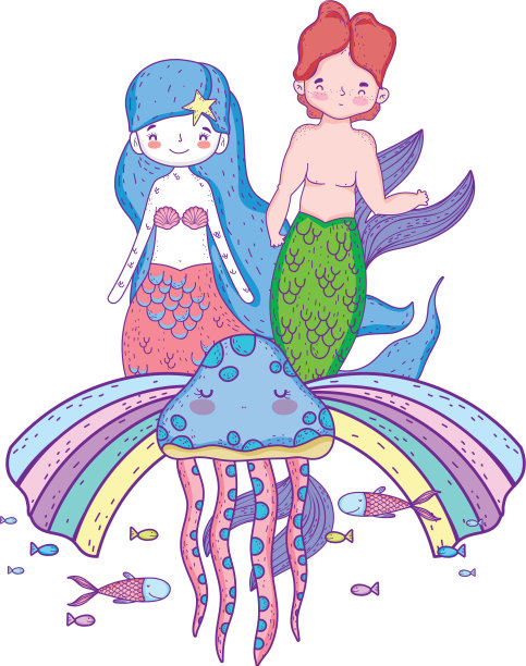一对在海底有彩虹的美人鱼图片下载