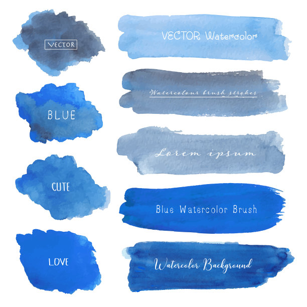 一套蓝色水彩在白色的背景图片下载