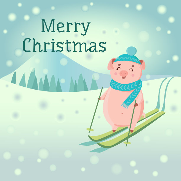 戴着帽子和围巾的小猪在雪山上滑雪图片下载