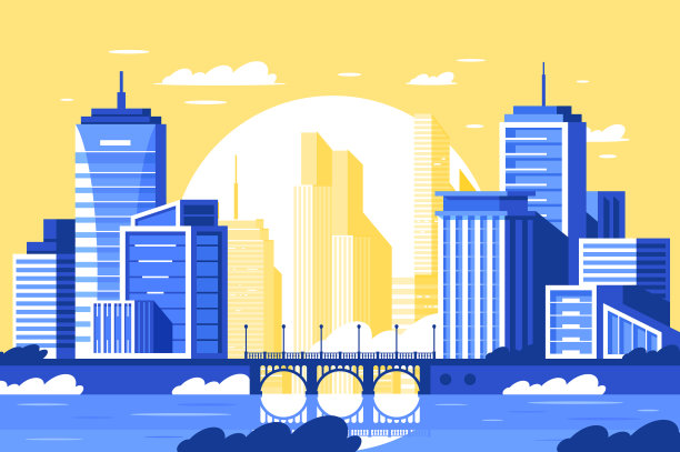 平坦的现代城市景观与桥河图片下载