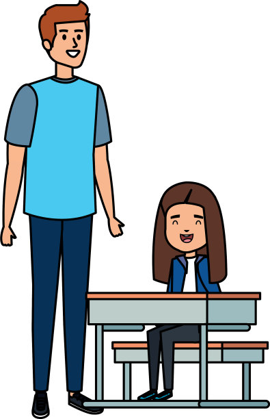 快乐的女学生和男老师在课桌上图片下载