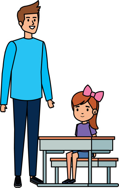 快乐的女学生和男老师在课桌上图片下载
