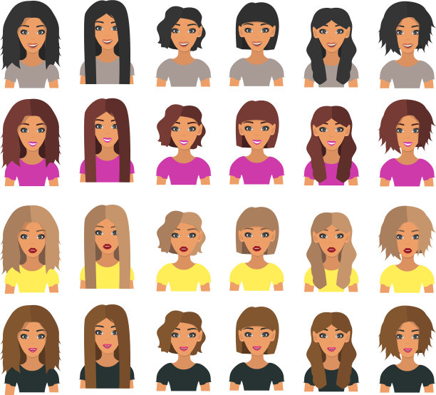 一组不同发型的女性角色图片下载