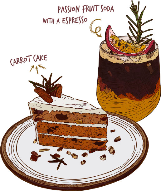 胡萝卜蛋糕，百香果苏打水和浓咖啡图片下载