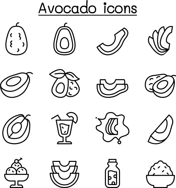 牛油果图标设置在细线风格图片下载