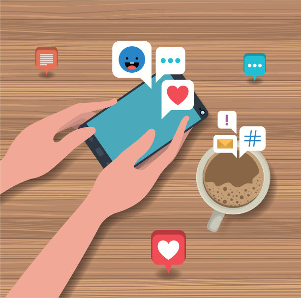 手使用智能手机与咖啡杯和社交图片下载