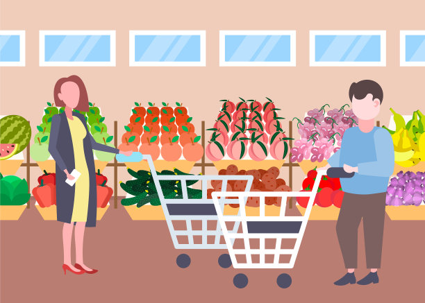 男女顾客推着手推车购物图片下载