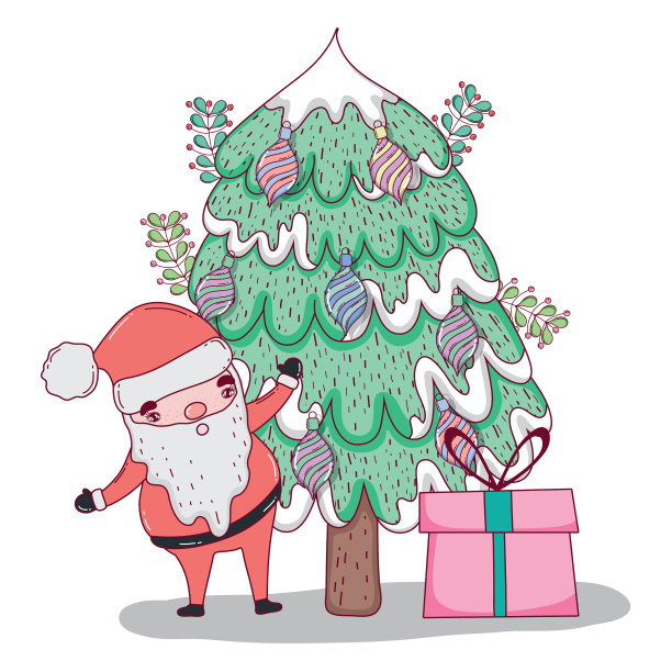 圣诞老人带着松树和圣诞礼物图片下载