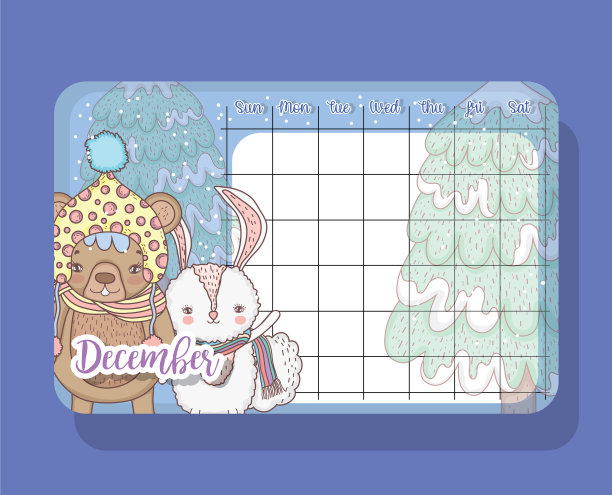 十二月日历上有小熊和兔子这可爱的动物图片下载