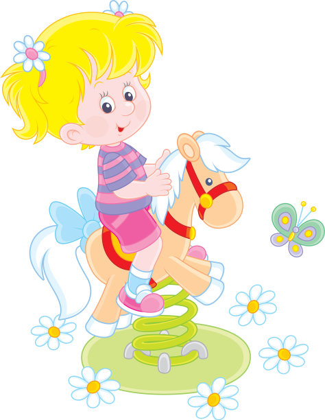 小女孩在操场上的玩具马荡秋千图片下载