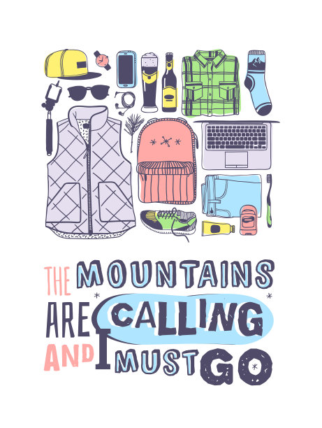 手绘时尚滑雪板东西的创意图片下载